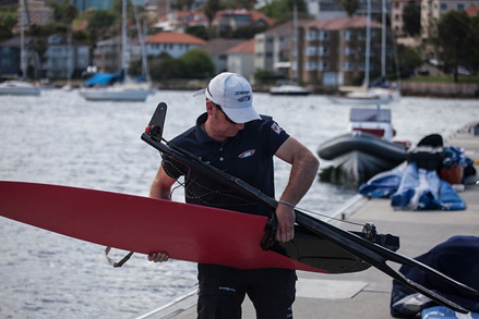 Shore team boat builder, Ian 'Mucky' McCabe, gets to work