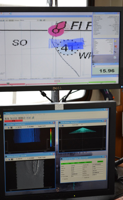 U.S. Power Squadron members and others report wrecks and other potential navigation dangers to NOAA, and cartographers update the nautical chart. These are realtime displays from a January 16 hydrographic survey, as NOAA R/V Bay Hydro II confirmed the location of a reported wreck in the Chesapeake Bay.