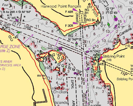 Chart 14887 corrects shoreline and feature positions from earlier charts.The red lines show the shoreline before applying newly acquired data.