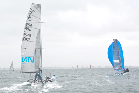 Ben McGrane and James Hughes worked hard to keep Glen Truswell and Sam Pascoe at bay in second place in Race 2 of the series. Credit: Rhenny Cunningham - Sailing Shots