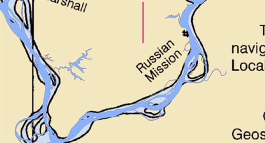 This images shows new depths overlaid on an existing Yukon River electronic navigational chart, demonstrating the river's changing shoreline.