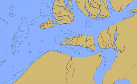 This screenshot shows the western entrance to the Yukon River on ENC US4AK98M. The dotted lines show approximate shoal areas.