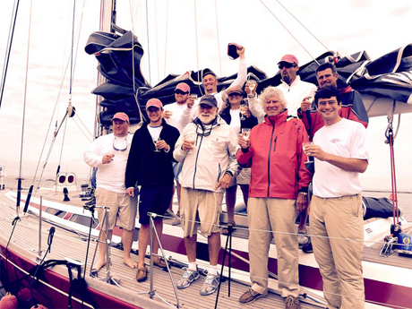 The crew of Lady B celebrates their finish of the Transatlantic Race 2015.
(photo credit James Bremridge)