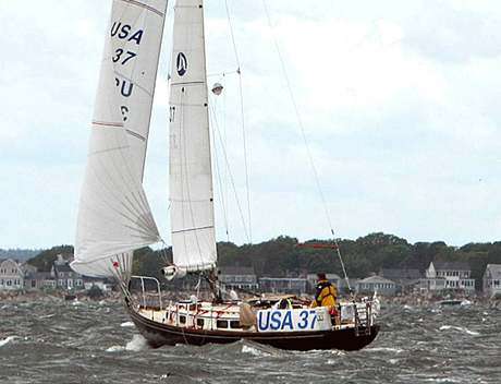 Returning for a deja vu, Ian Gumprecht of Oyster Bay NY and Mark Swanson of North Creek NY, co-skippers of Roust  sailed their little Sea Sprite 34 to first place in Class C and for first place in the entire Founders Division won the top prize for the race, the FOUNDERS TROPHY. Along the way they snagged the DOUBLE-HANDED TROPHY. They are back again for 2015