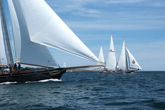 SPIRIT OF BERMUDA leads AMERICA skippered by Troy Sears leads the fleet away in the Spirit of tradition class. Photo: Barry PickthallPPL