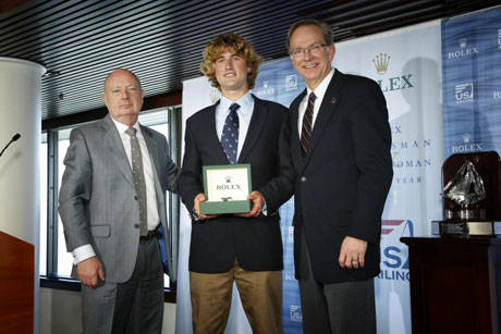 From left to right: Rolex Watch U.S.A. President and CEO Stewart Wicht with 2012 Rolex Yachtsman of the year Johnny Heineken and US Sailing President Tom Hubbell  (Photo Credit Tom O'Neil/Rolex).