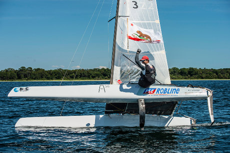 Matt Struble, 2015 A-Class Catamaran North American Champion, taking his victory lap, Photo Credit: Walter Cooper, 2015 A-Cat NAs