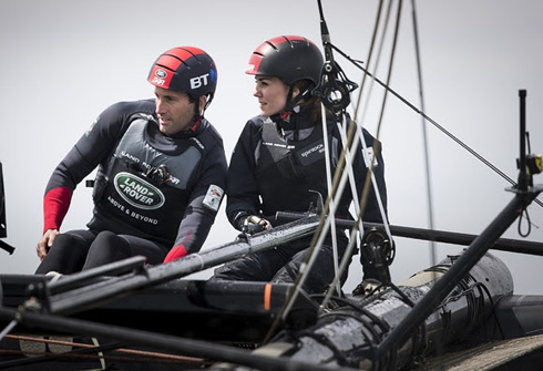 Flying high The Duchess of Cambridge sails with Sir Ben Ainslie and the British America's Cup Challenger on the Solent (c) Lloyd images