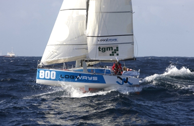 800 Gwnol Gahinet - photo taken from the deck of the PSP Cormoran on the leg between Douarnenez and Sada. Credit Jacques Vapillon / Mini Transat 2013