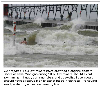 Be Prepared: Four swimmers have drowned along the eastern shore of Lake Michigan during 2007. Swimmers should avoid swimming in heavy surf near piers and seawalls. Beach goers should have a rescue plan to assist those in distress like having ready a life ring or rescue heaving line. 