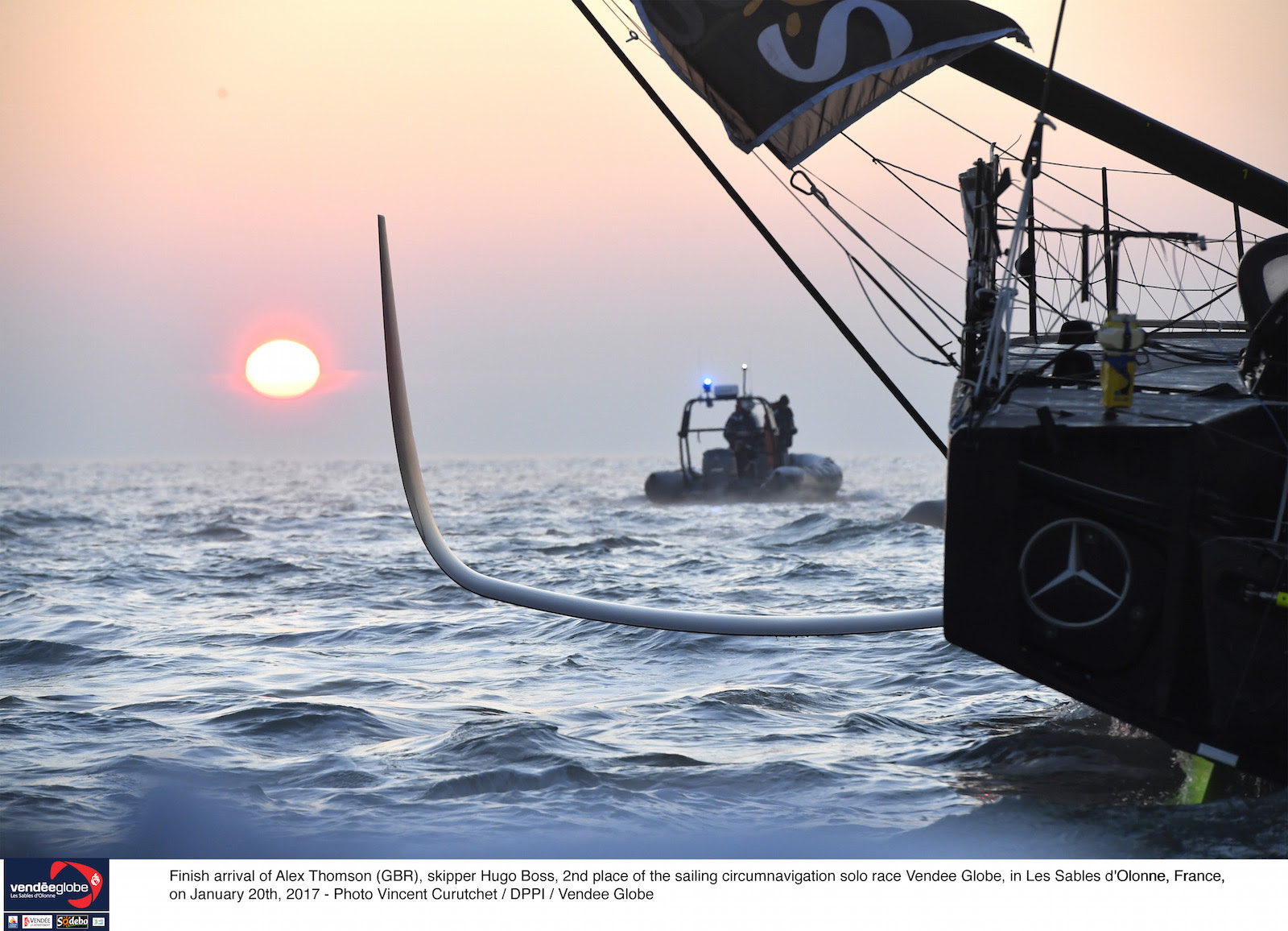 Finish arrival of Alex Thomson (GBR), skipper Hugo Boss, 2nd place of the sailing circumnavigation solo race Vendee Globe, in Les Sables d'Olonne, France on January 20th, 2017 - Photo Vincent Curutchet / DPPI / Vendee Globe