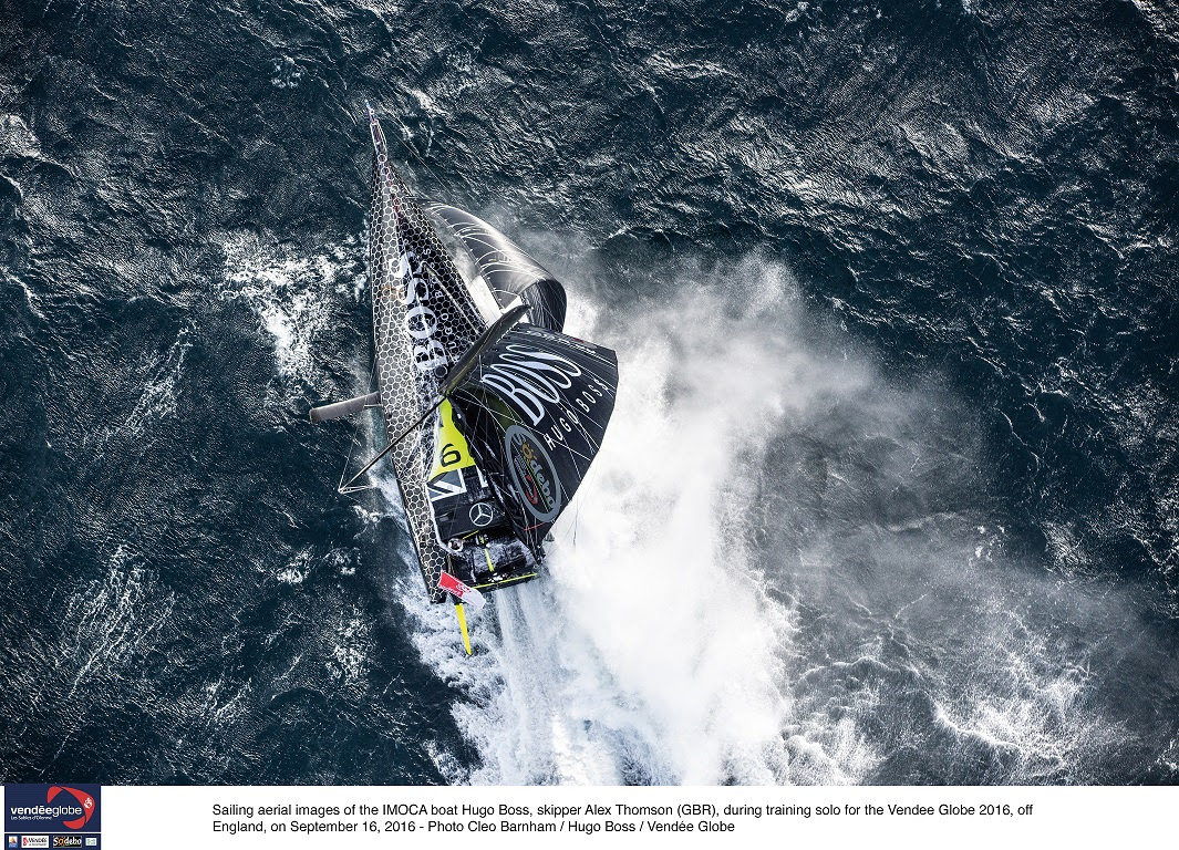 Sailing aerial images of the IMOCA boat Hugo Boss, skipper Alex Thomson (GBR), during training solo for the Vendee Globe 2016, off England, on September 16, 2016 - Photo Cleo Bamham / Hugo Boss / Vendee Globe