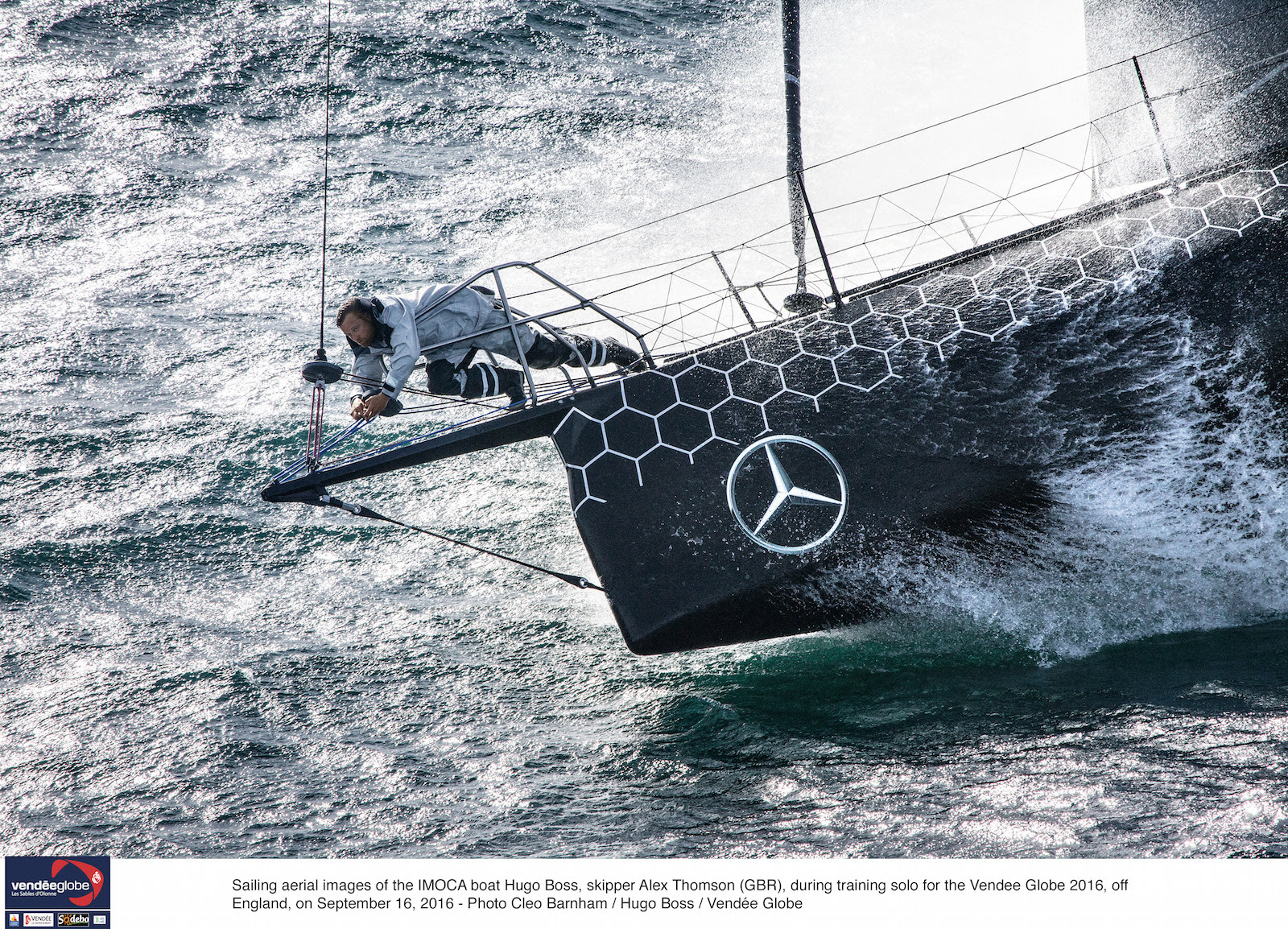 Sailing aerial images of the IMOCA boat Hugo Boss, skipper Alex Thomson (GBR), during training solo for the Vendee Globe 2016, off England, on September 16, 2016 - Photo Cleo Bamham / Hugo Boss / Vendee Globe