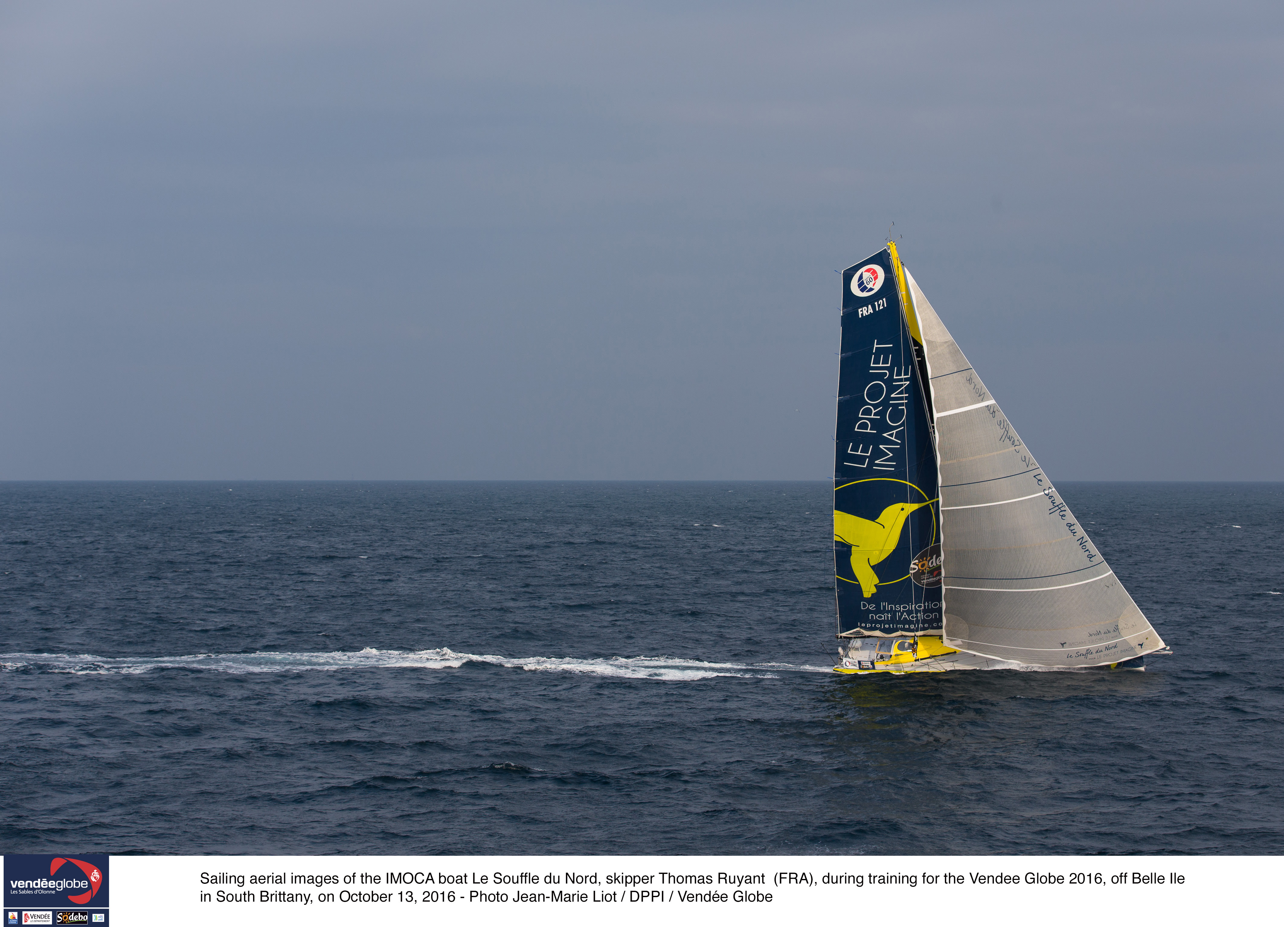 Sailing aerial images of the IMOCA Boat Le Souffle du Nord, skipper Thomas Ruyant (FRA), during training for the Vendee Globe 2016, off Belle lle in South Brittany, on October 13, 2016 - Photo Jean-Marie Liot / DPPI /Vendee Globe