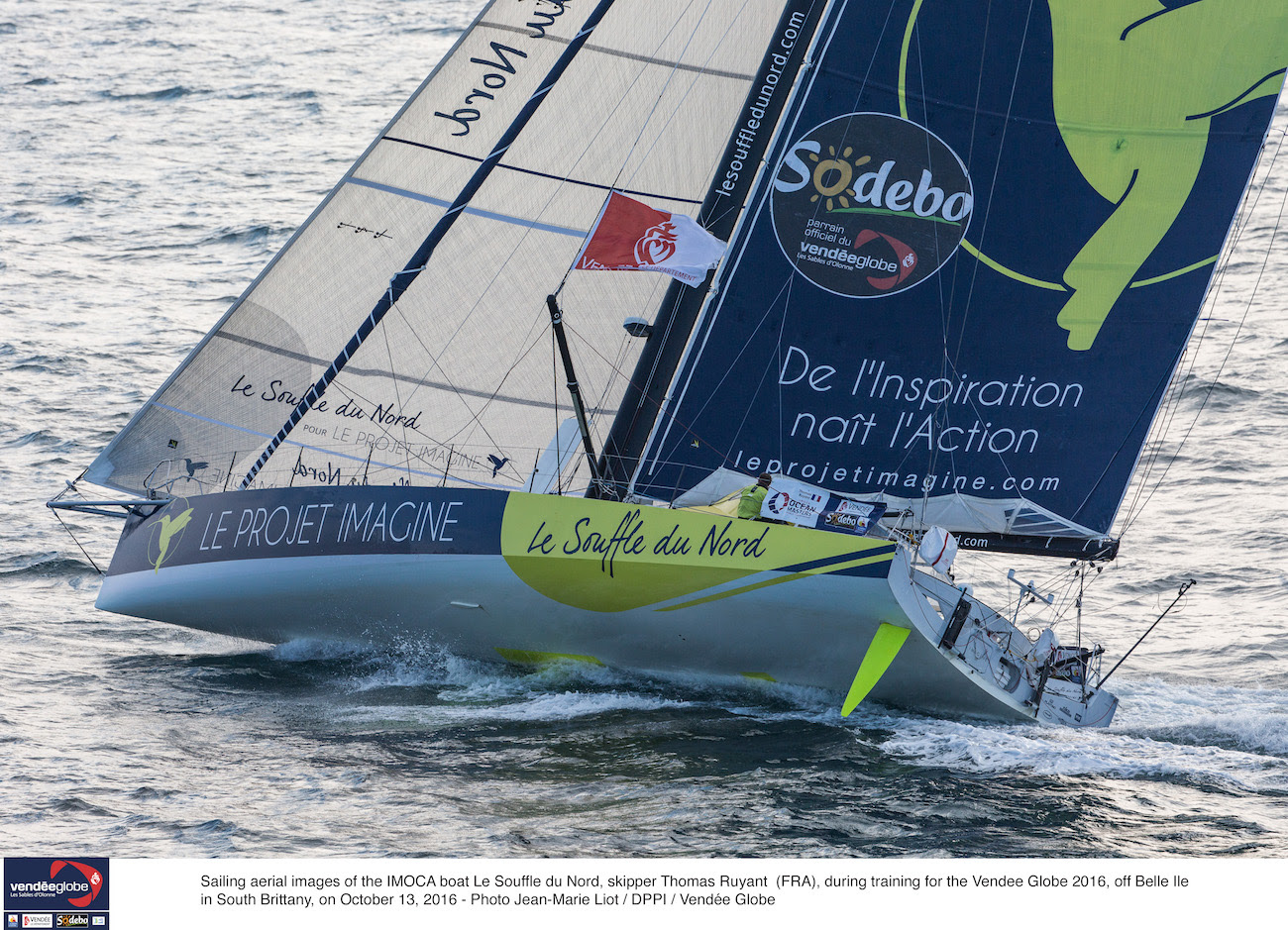 Sailing aerial images of the IMOCA boat Le Souffle du Nord, skipper Thomas Ruyant (FRA), during training for the Vendee Globe 2016, off Belle LLe in South Brittany, on October 13, 2016 - Photo Jean-Marine Liot / DPPI / Vendee Globe