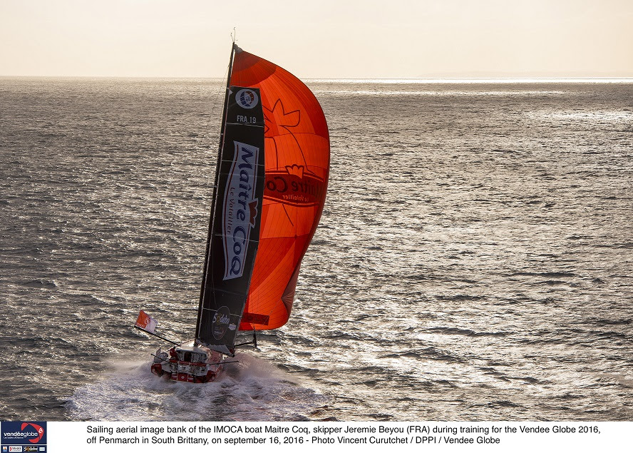 Sailing aerial image bank of the IMOCA boat Maitre Coq, Skipper Jeremie Beyou (FRA) during training for the Vendee Globe 2016, off Penmarch in South Brittany, on september 16, 2016 - Photo Vincent Curutchet / DPPI / Vendee Globe