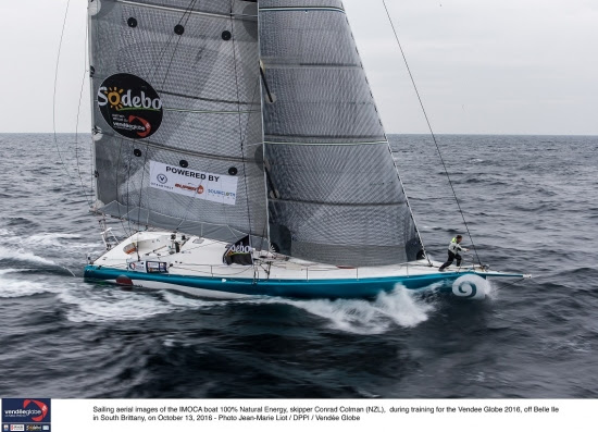 Sailing aerial images of the IMOCA boat 100% Natural Energy, skipper Conrad Colman (NZL), during training for the Vendee Globe 2016, off Belie lie in South Brittany, on October 13, 2016 - Photo Jeas - Marie Liot / DPPI / Vendee Globe