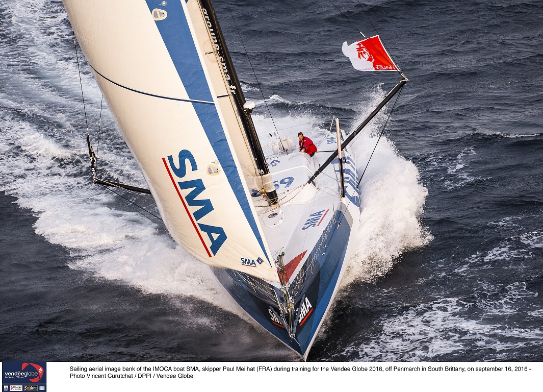 Sailing aerial image bank of the IMOCA boat SMA, skipper Paul Meilhat (FRA) during training for the Vendee Globe 2016, off Penmarch in South Brittany, on september 16, 2016 - Photo Vincent Curutchet / DPPI / Vendee Globe