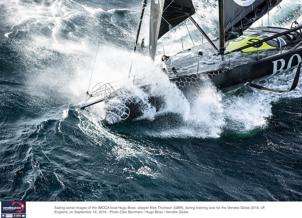 Sailing aerial images of the IMOCA boat Hugo Boss, skipper Alex Thomson (GBR), during training solo for the Vendee Globe 2016, off England, on September 16, 2016 - Photo Cleo Bamham / Hugo Boss / Vendee Globe