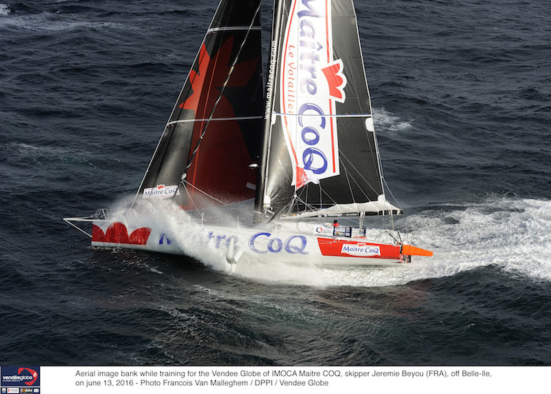 Aerial image bank while training for the Vendee Globe of IMOCA Maitre COQ, skipper Jeremie Beyou (FRA), off Belle-lle, on june 13, 2016 - Photo Francois Van Malleghem / DPPI / Vendee Globe