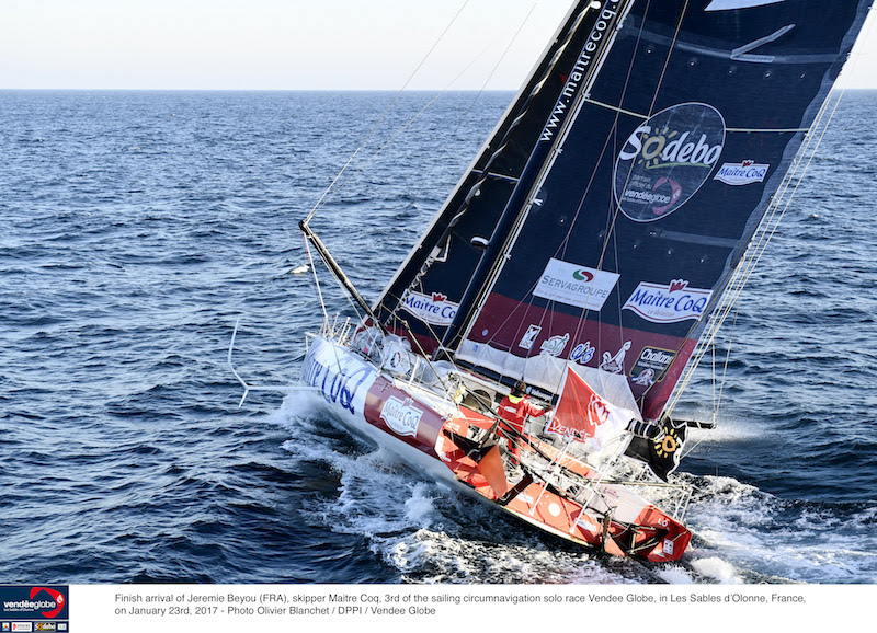 Finish arrival of Jeremie Beyou (FRA), skipper Maitre Coq, 3rd of the sailing circimnavigation solo race Vendee globe, in Les Sables d'Olone, France on January 23rd 2017 - Photo Vincent Curutchet / DPPI / Vendee Globe