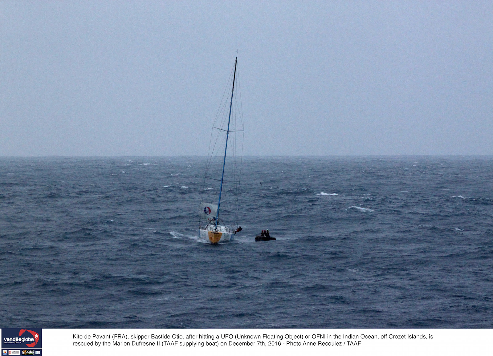 Kito de Pavant (FRA), skipper Bastide Otio, after hitting a UFO (Unknown Floating Object) or OFNI in the Indian Ocean, off Corzet islands, is rescued by the Marion Dufresne II (TAAF supplying boat) on December 7th, 2016 - Photo Anne Recoulez / TAAF