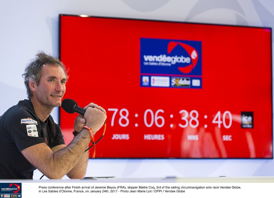 Press Conference after Finish arrival of Jeremie Beyou (FRA), skipper Maitre Coq, 3rd of the sailing circumnavigation solo race Vendee Globe, in Les Sables d'Olonne, France on January 24th, 2017 - Photo Jean Marie Liot / DPPI / Vendee Globe