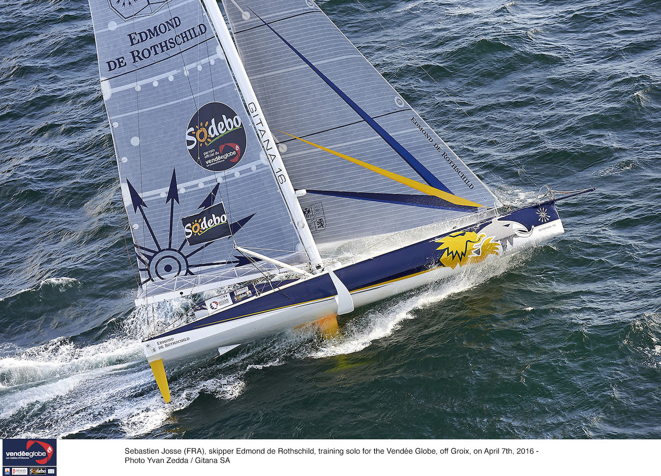 Sebastien Josse (FRA), skipper Edmond de Rothschild, training solo for the Vendee Globe, off Groix, on APril 7th, 2016 - Photo Yvan Zedda / Gitana SA