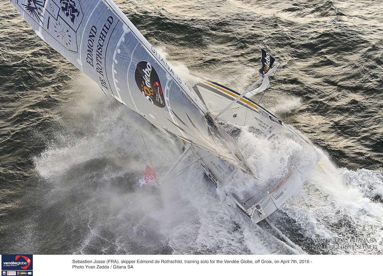 Sebastien Josse (FRA), skipper Edmond de Rothschild, training solo for the Vendee Globe, off Groix, on April 7th, 2016 - Photo Yvan Zedda /Gitana SA