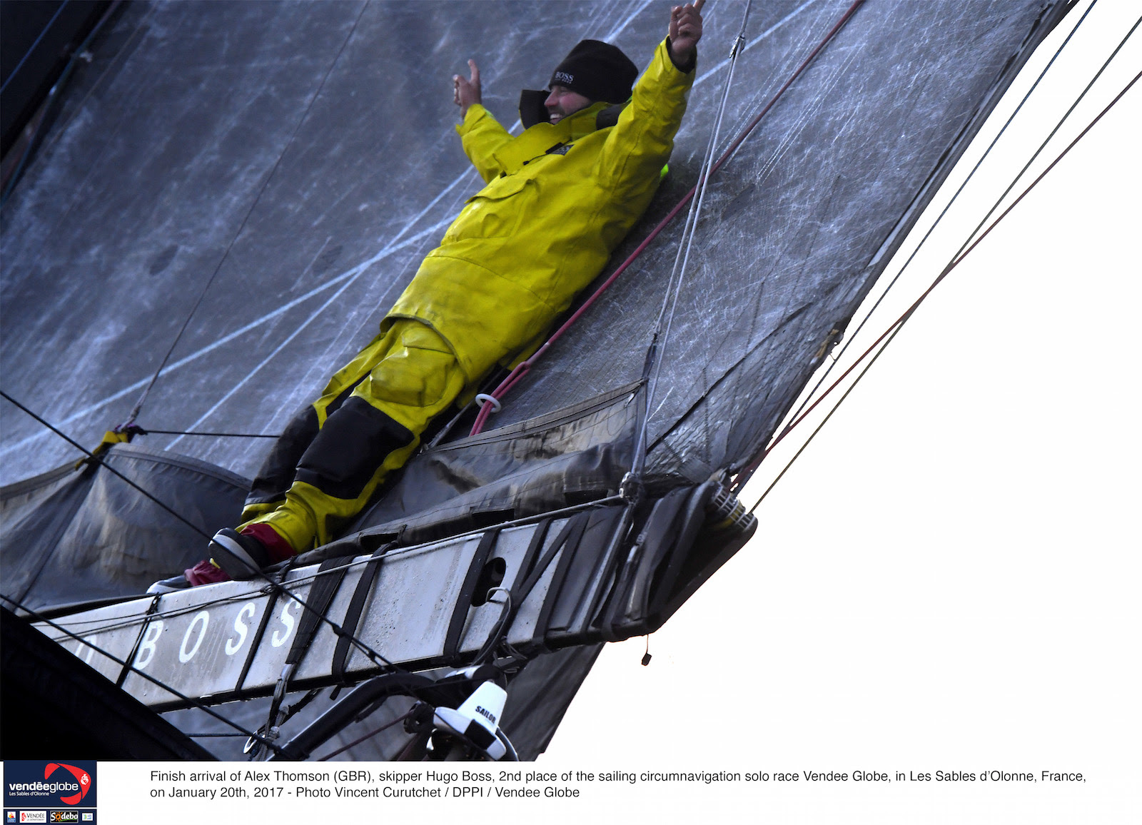 Finish arrival of Alex Thomson (GBR), skipper Hugo Boss, 2nd place of the sailing circumnavigation solo race Vendee Globe, in Les Sables d'Olonne, France on January 20th, 2017 - Photo Vincent Curutchet / DPPI / Vendee Globe